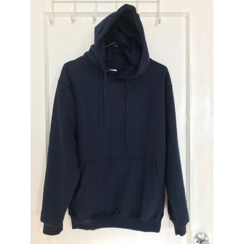 Women Plain Fleece Drawstring Pockets Sweater Sweatshirt Hoodie Navy Blue